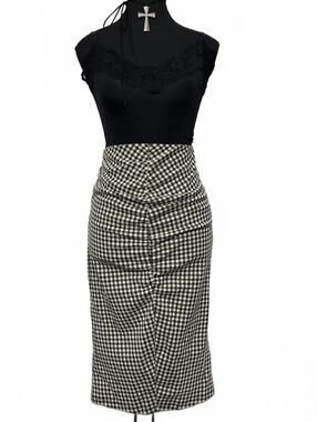 Zara Black White Gingham Ruched Front Pencil Skirt Sz M Retro Gothabilly Pinup